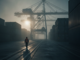 Lone worker in a hi-vis vest walking toward distant cranes in a foggy container yard at dawn, with sun glare and stacked shipping containers on both sides.
