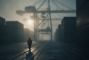 Lone worker in a hi-vis vest walking toward distant cranes in a foggy container yard at dawn, with sun glare and stacked shipping containers on both sides.