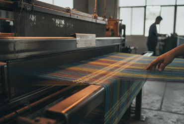 Industrial loom weaving colorful striped fabric in a workshop, with a hand guiding the textile and a worker in the background.