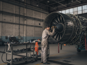 Technician in a gray coverall inspecting a large jet engine in a maintenance hangar beside a rolling tool cart.
