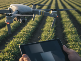 Drone with camera hovering above rows of crops, while a person holds a tablet controller in the foreground.