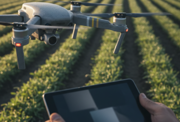 Drone with camera hovering above rows of crops, while a person holds a tablet controller in the foreground.