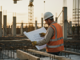 Construction worker in a hard hat and orange safety vest reviewing blueprints at a building site.