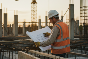 Construction worker in a hard hat and orange safety vest reviewing blueprints at a building site.