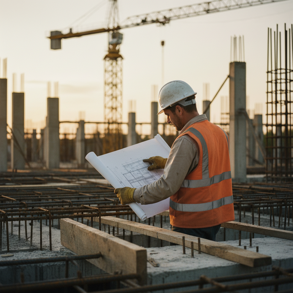 Construction worker in a hard hat and orange safety vest reviewing blueprints at a building site.