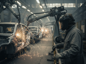 Worker in protective gear supervising robotic welding arm as sparks fly while assembling car bodies on an automotive production line
