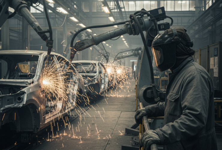 Worker in protective gear supervising robotic welding arm as sparks fly while assembling car bodies on an automotive production line