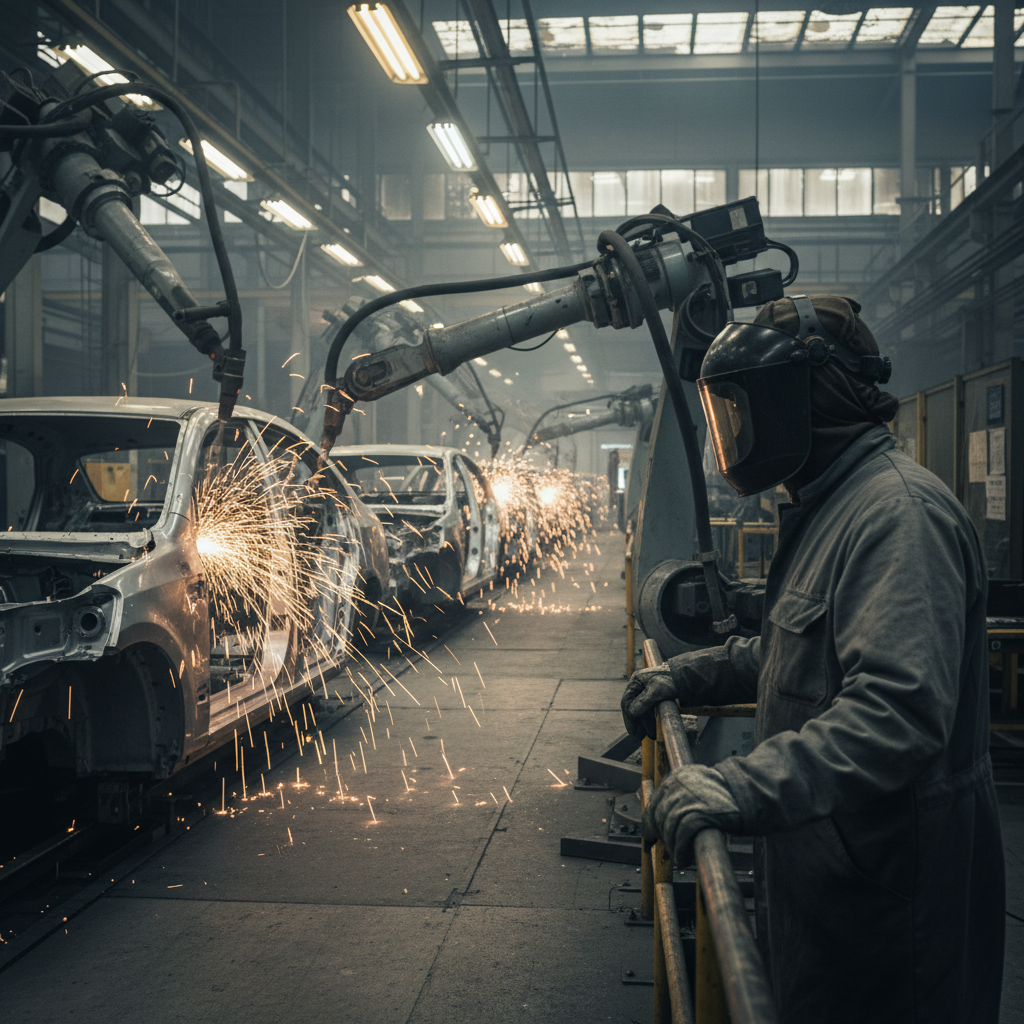 Worker in protective gear supervising robotic welding arm as sparks fly while assembling car bodies on an automotive production line