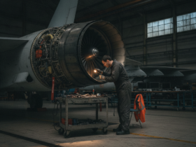 Mechanic in dark coveralls working at a large jet engine in a dim hangar, sparks flying as he tools the turbine area near a wheeled workbench.