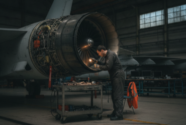 Mechanic in dark coveralls working at a large jet engine in a dim hangar, sparks flying as he tools the turbine area near a wheeled workbench.