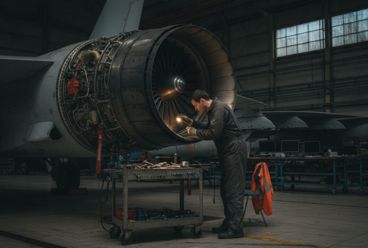Mechanic in dark coveralls working at a large jet engine in a dim hangar, sparks flying as he tools the turbine area near a wheeled workbench.