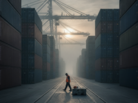 Worker in an orange safety vest walks along a rail in a container yard at dusk, with towering stacked shipping containers and gantry cranes in the background.