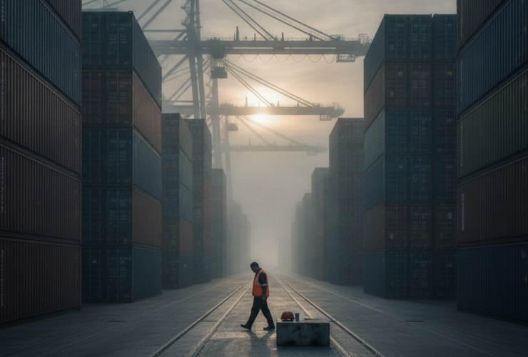 Worker in an orange safety vest walks along a rail in a container yard at dusk, with towering stacked shipping containers and gantry cranes in the background.