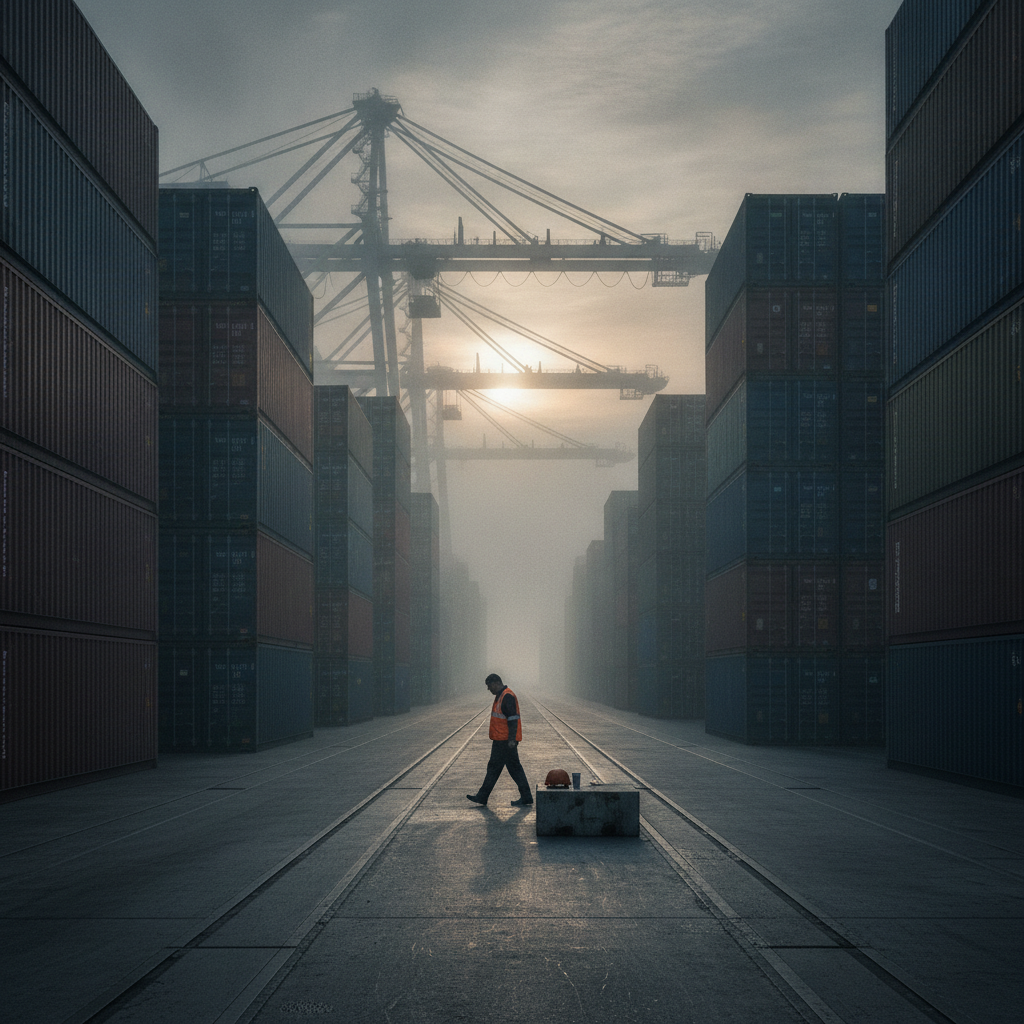 Worker in an orange safety vest walks along a rail in a container yard at dusk, with towering stacked shipping containers and gantry cranes in the background.