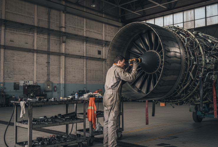Technician in a gray coverall inspecting a large jet engine in a maintenance hangar beside a rolling tool cart.