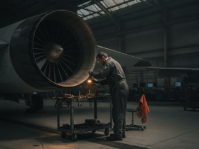 Mechanic in coveralls servicing a large jet engine on a mobile workbench inside a dim aircraft hangar, with tools nearby and a safety vest hanging nearby.
