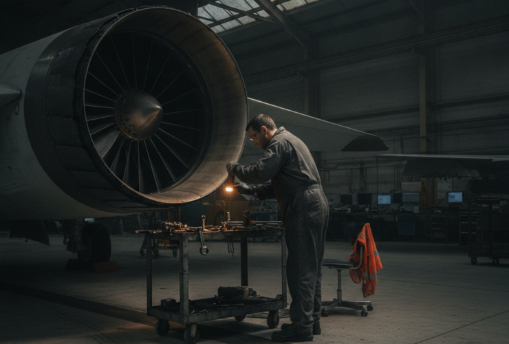 Mechanic in coveralls servicing a large jet engine on a mobile workbench inside a dim aircraft hangar, with tools nearby and a safety vest hanging nearby.