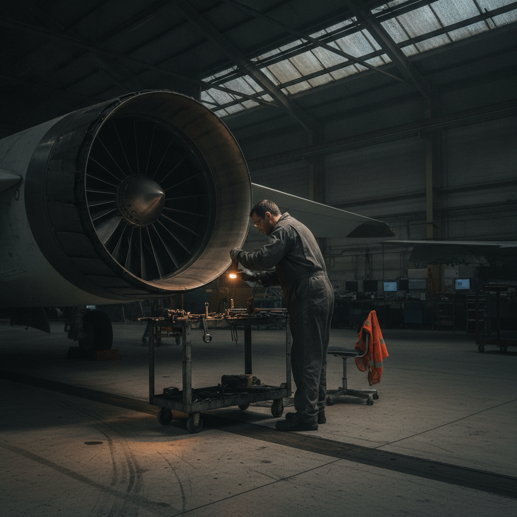 Mechanic in coveralls servicing a large jet engine on a mobile workbench inside a dim aircraft hangar, with tools nearby and a safety vest hanging nearby.