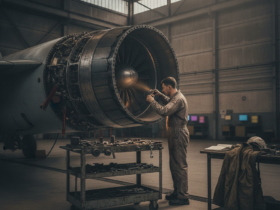 Technician in coveralls inspecting a jet engine in a maintenance hangar beside a wheeled toolbox