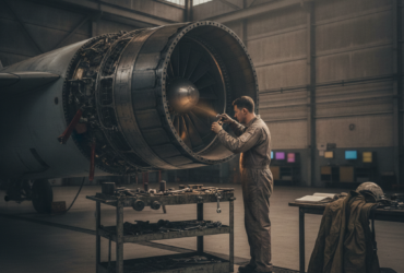 Technician in coveralls inspecting a jet engine in a maintenance hangar beside a wheeled toolbox