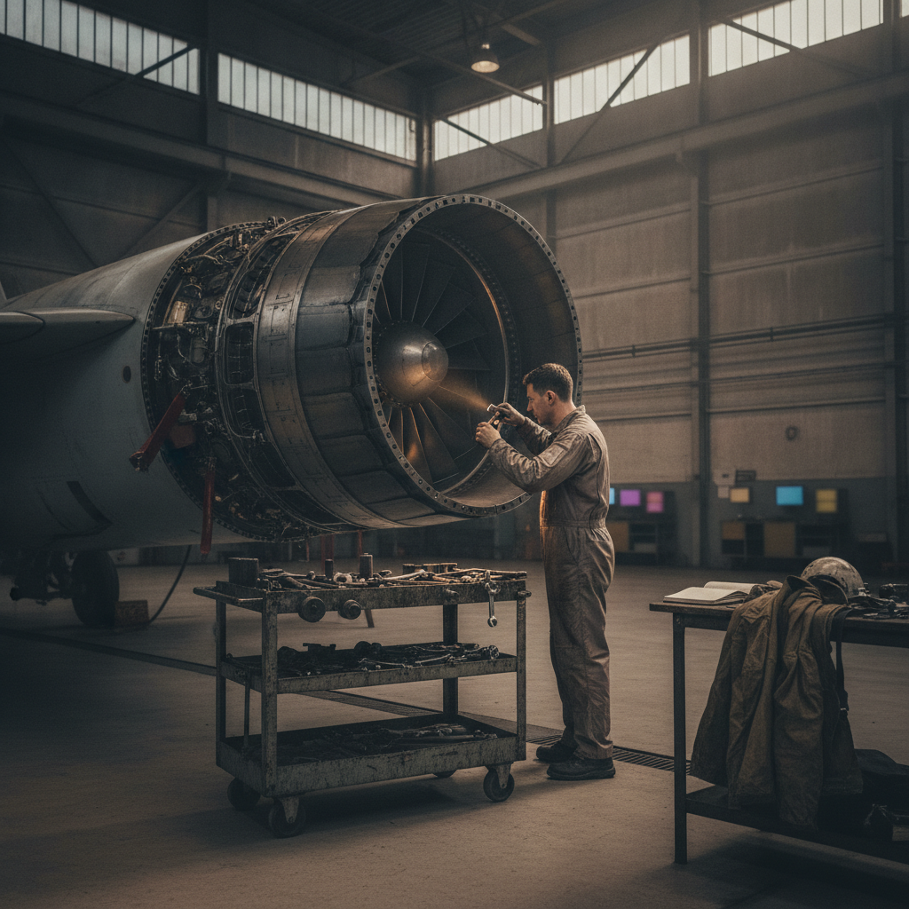 Technician in coveralls inspecting a jet engine in a maintenance hangar beside a wheeled toolbox