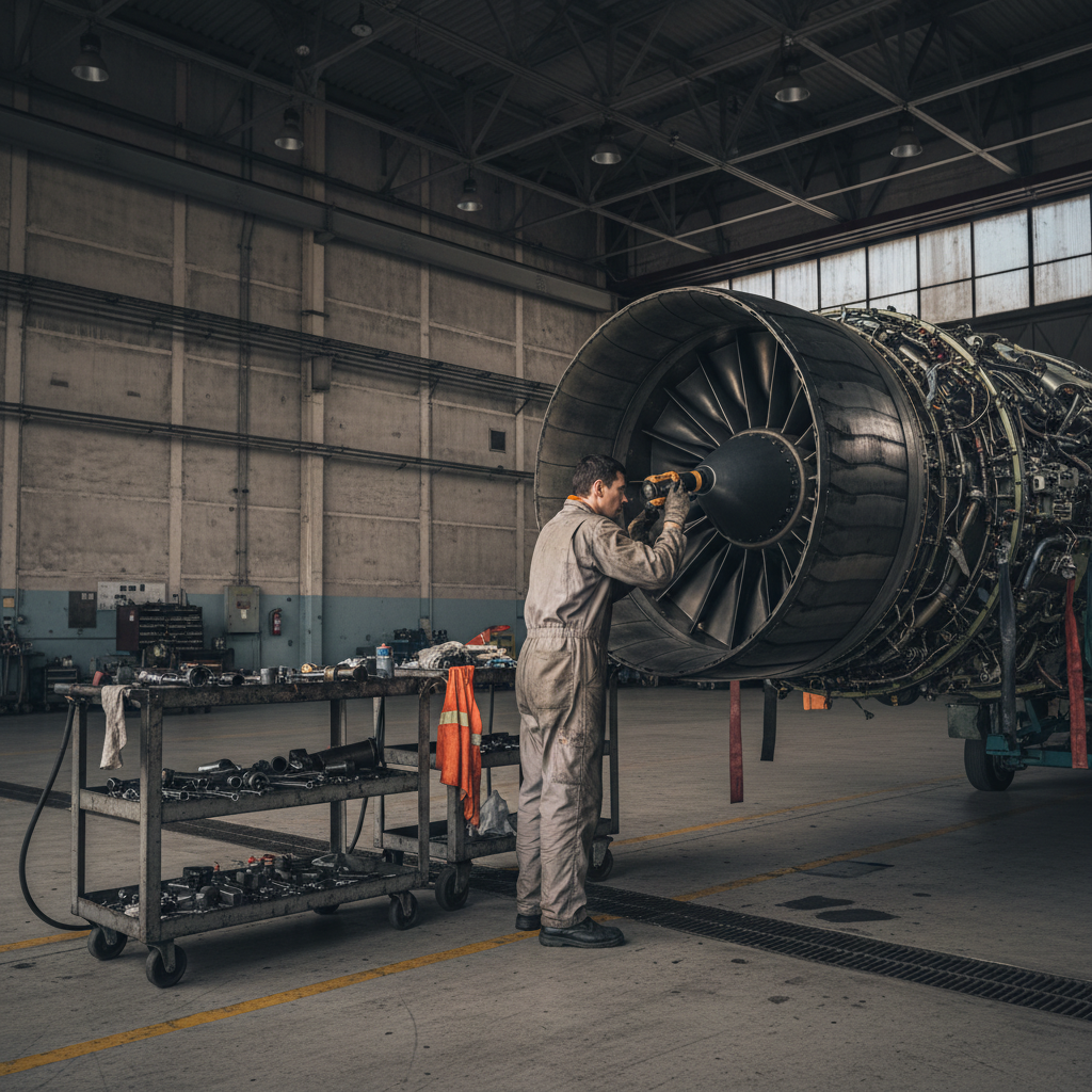 Technician in a gray coverall inspecting a large jet engine in a maintenance hangar beside a rolling tool cart.