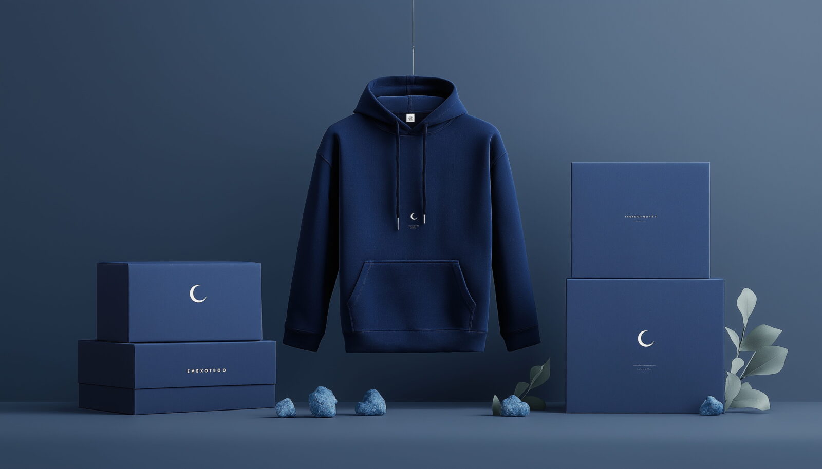 Navy hoodie suspended between blue boxes in a monochromatic blue studio scene.