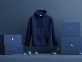 Navy hoodie suspended between blue boxes in a monochromatic blue studio scene.