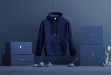 Navy hoodie suspended between blue boxes in a monochromatic blue studio scene.
