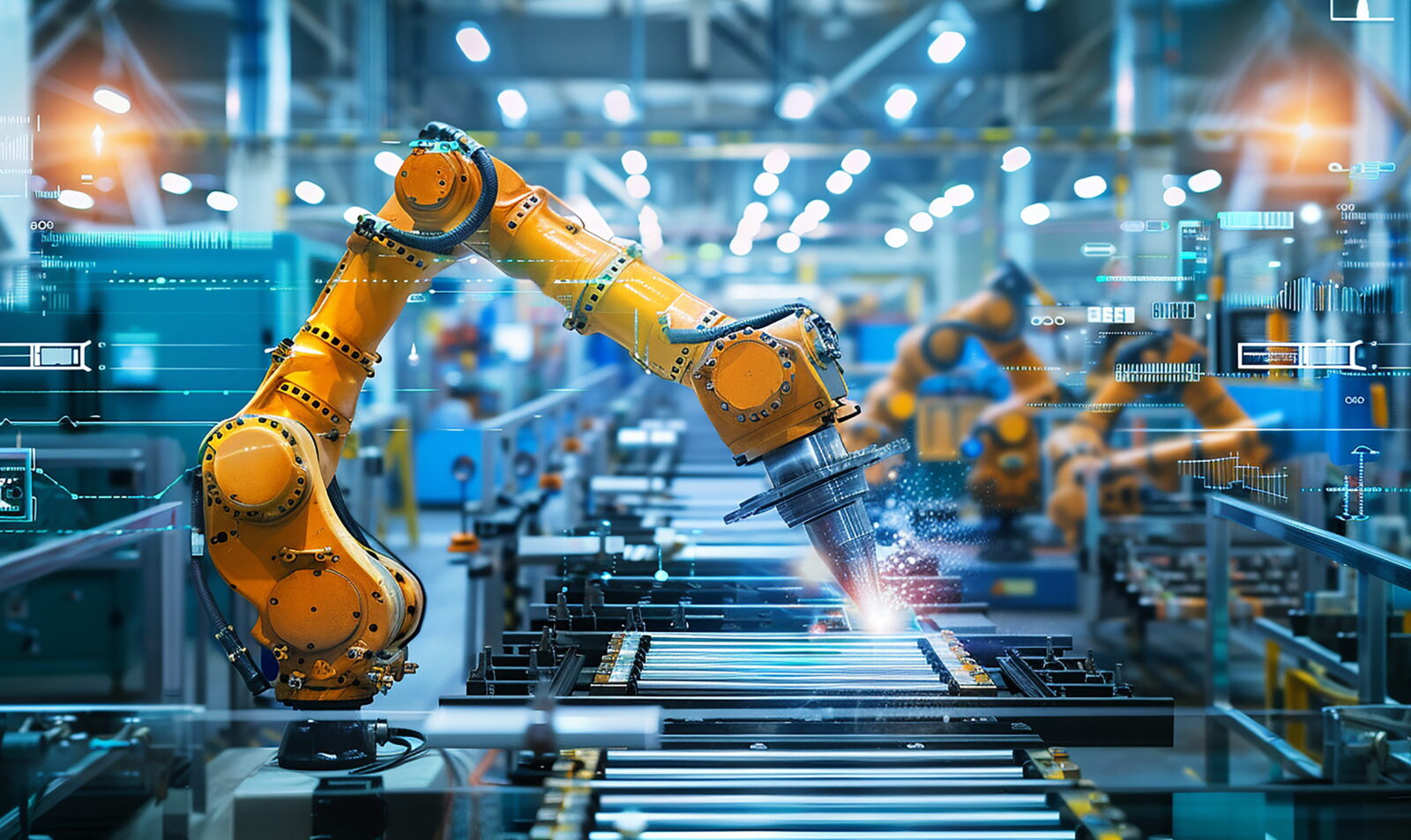 Industrial robot arms welding on a production line in a high-tech factory with holographic overlays