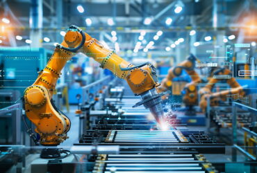 Industrial robot arms welding on a production line in a high-tech factory with holographic overlays