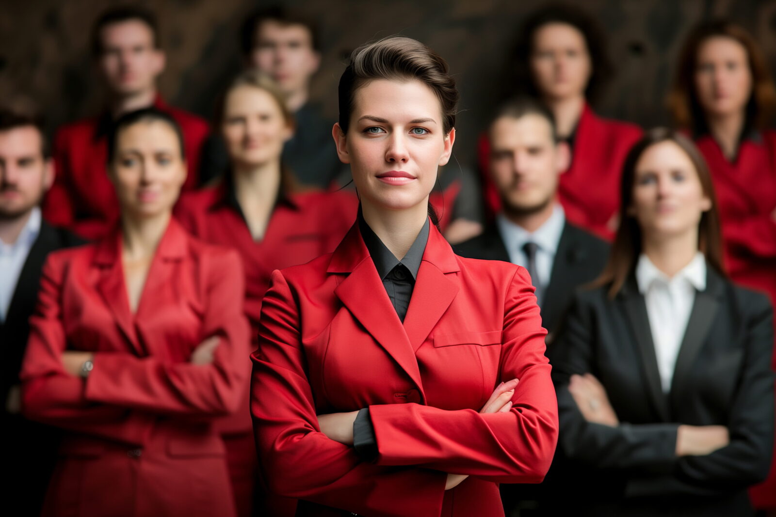 Woman in a red blazer at center with arms crossed, team members in red blazers blurred in background