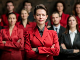 Woman in a red blazer at center with arms crossed, team members in red blazers blurred in background