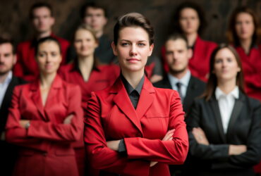 Woman in a red blazer at center with arms crossed, team members in red blazers blurred in background
