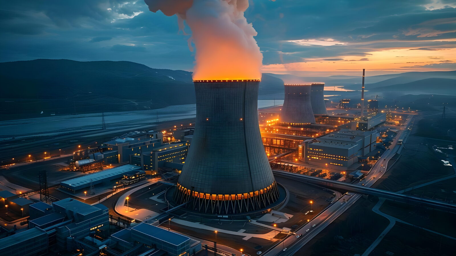 Aerial view of a large power plant with two cooling towers emitting steam and glowing orange at dusk, hills in the distance.