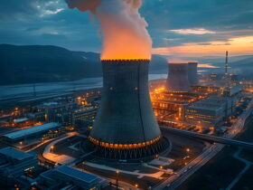 Aerial view of a large power plant with two cooling towers emitting steam and glowing orange at dusk, hills in the distance.