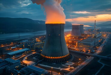 Aerial view of a large power plant with two cooling towers emitting steam and glowing orange at dusk, hills in the distance.