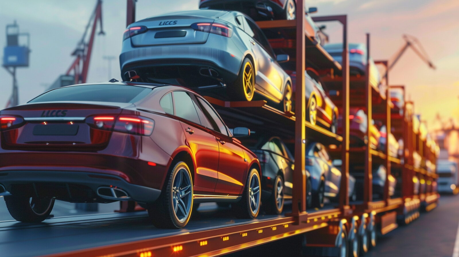 Line of modern cars parked on an elevated car carrier trailer at sunset, showing stacked blue and red vehicles with orange-yellow lighting on the racks.