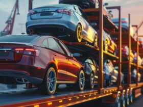 Line of modern cars parked on an elevated car carrier trailer at sunset, showing stacked blue and red vehicles with orange-yellow lighting on the racks.