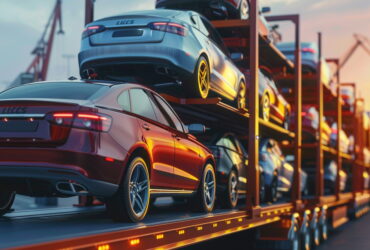 Line of modern cars parked on an elevated car carrier trailer at sunset, showing stacked blue and red vehicles with orange-yellow lighting on the racks.
