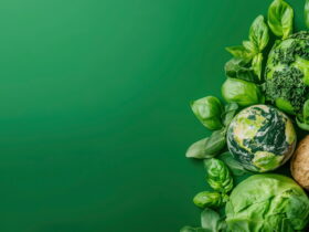 Fresh assortment of green leafy vegetables and greens arranged along the right edge against a solid green background.
