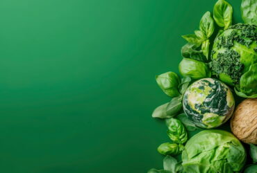 Fresh assortment of green leafy vegetables and greens arranged along the right edge against a solid green background.