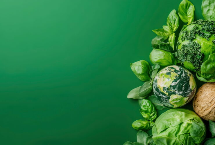 Fresh assortment of green leafy vegetables and greens arranged along the right edge against a solid green background.