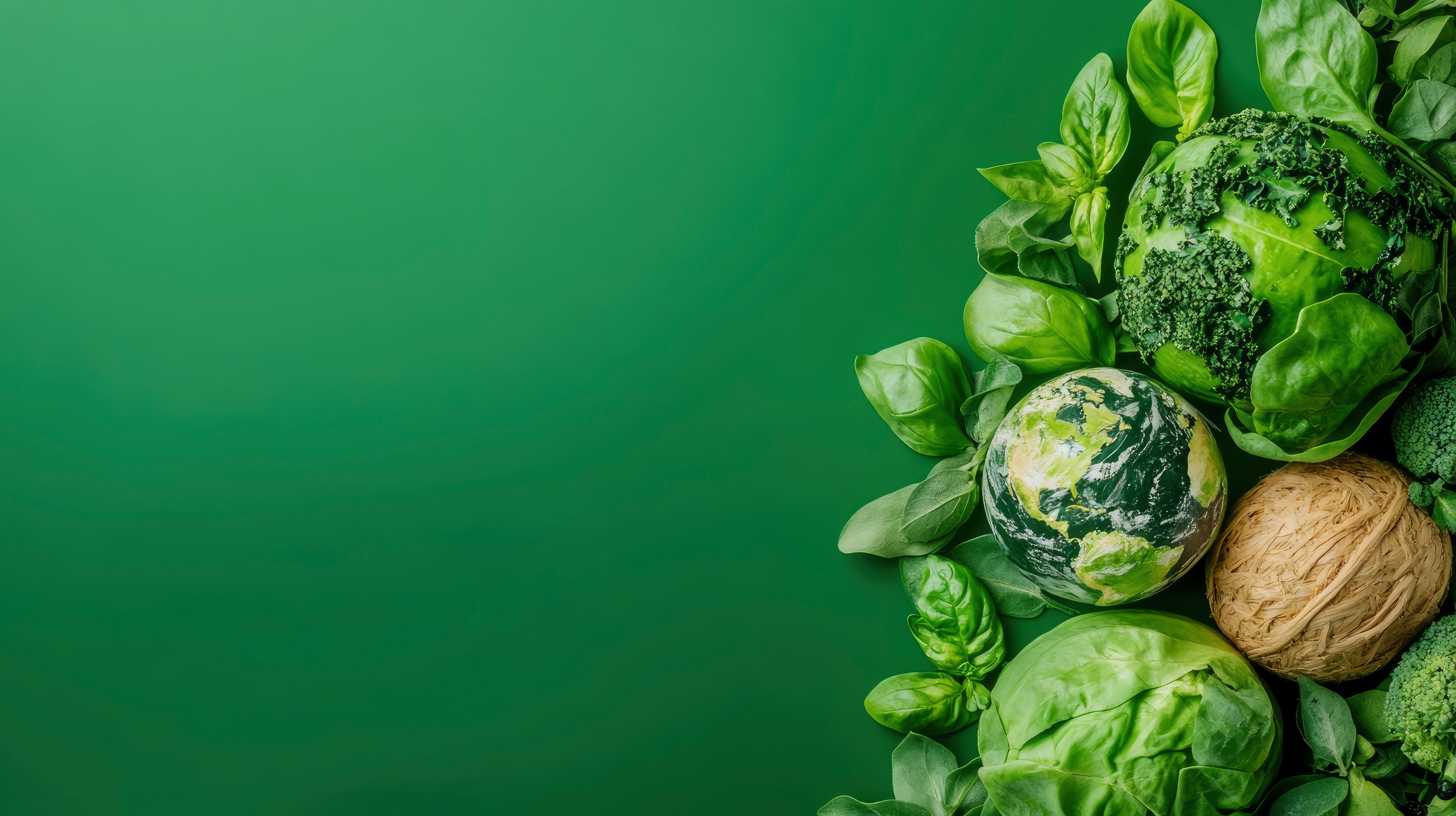 Fresh assortment of green leafy vegetables and greens arranged along the right edge against a solid green background.