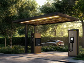 Electric vehicle charges at an outdoor charging station under a modern canopy in a green park setting.