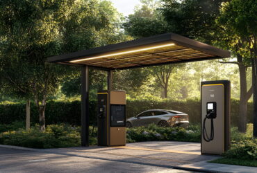 Electric vehicle charges at an outdoor charging station under a modern canopy in a green park setting.