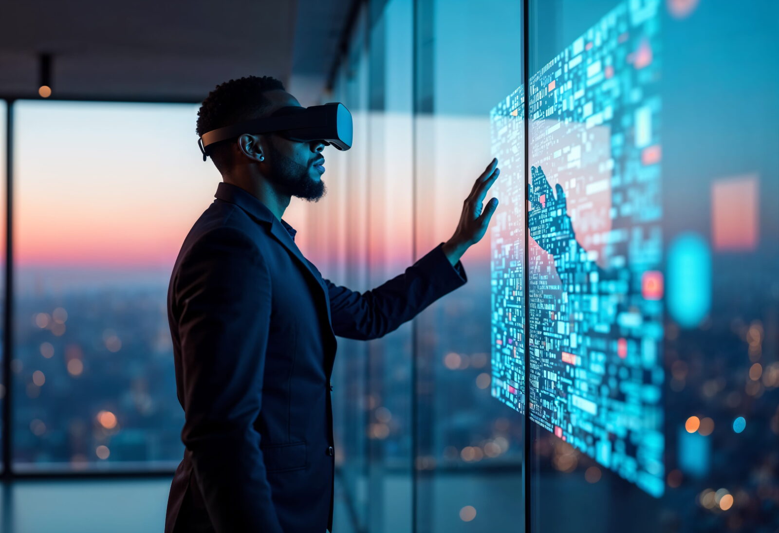 Man wearing a VR headset touches a glass wall filled with glowing data visuals.