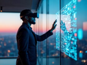 Man wearing a VR headset touches a glass wall filled with glowing data visuals.