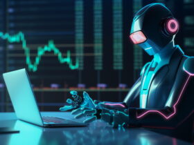 Futuristic humanoid robot typing on a laptop with neon blue and pink accents, stock charts glowing on a screen in the background.