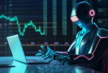 Futuristic humanoid robot typing on a laptop with neon blue and pink accents, stock charts glowing on a screen in the background.